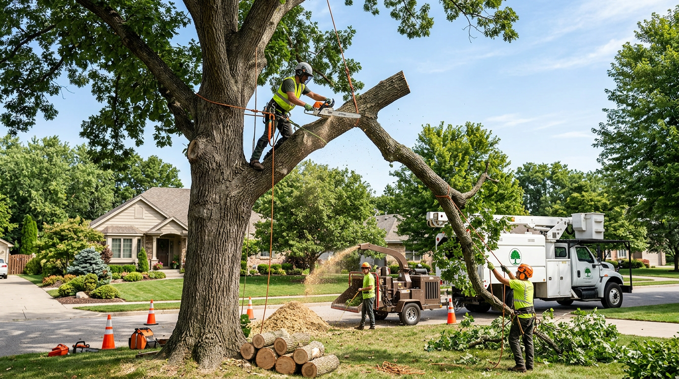 Arborist cutting a large limb while crew manages cleanup, showing factors behind tree removal rates. 