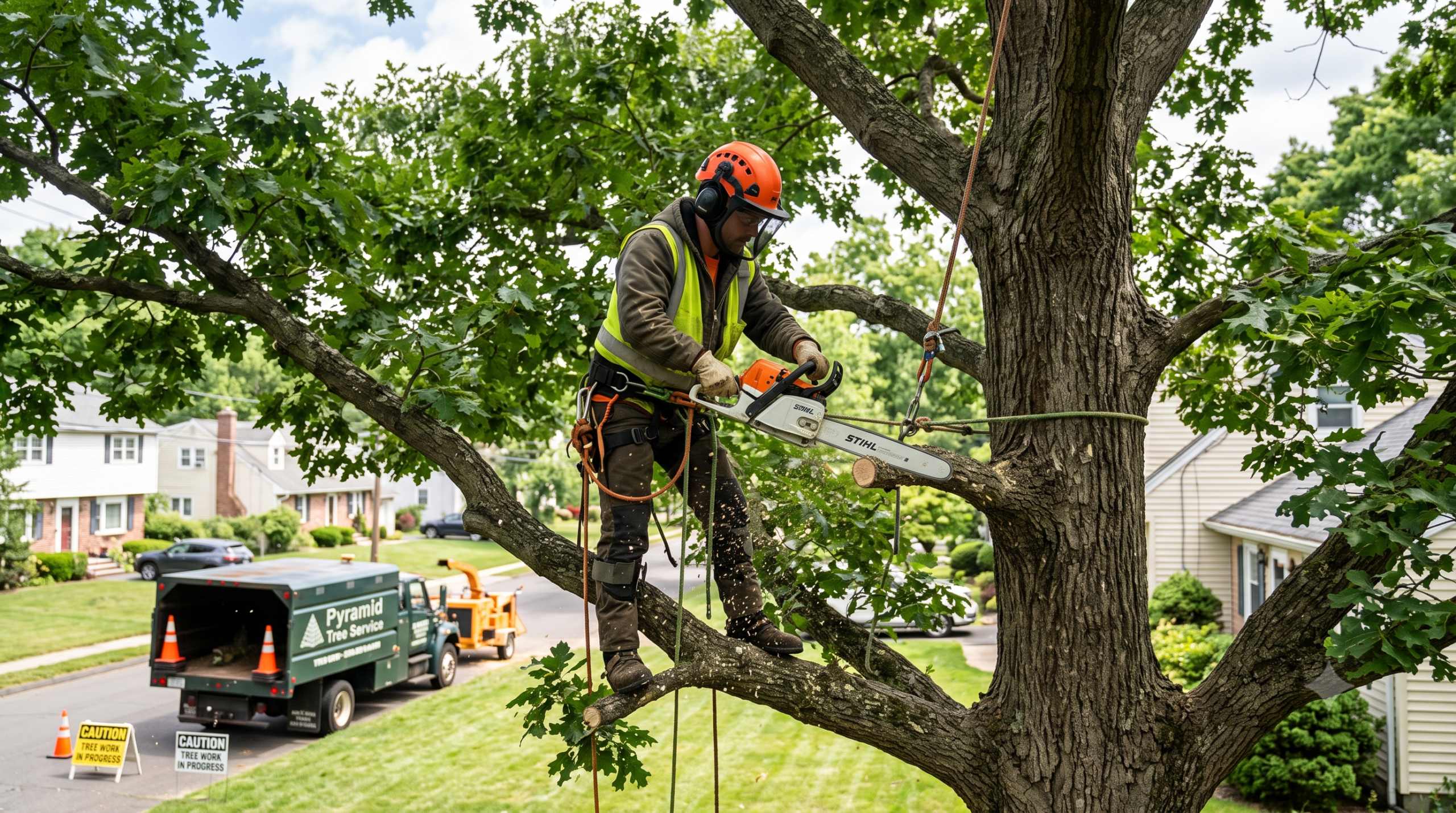 Tree worker safely trimming large branches in a residential yard, showing how to tree trimming is done with proper equipment and controlled cutting techniques