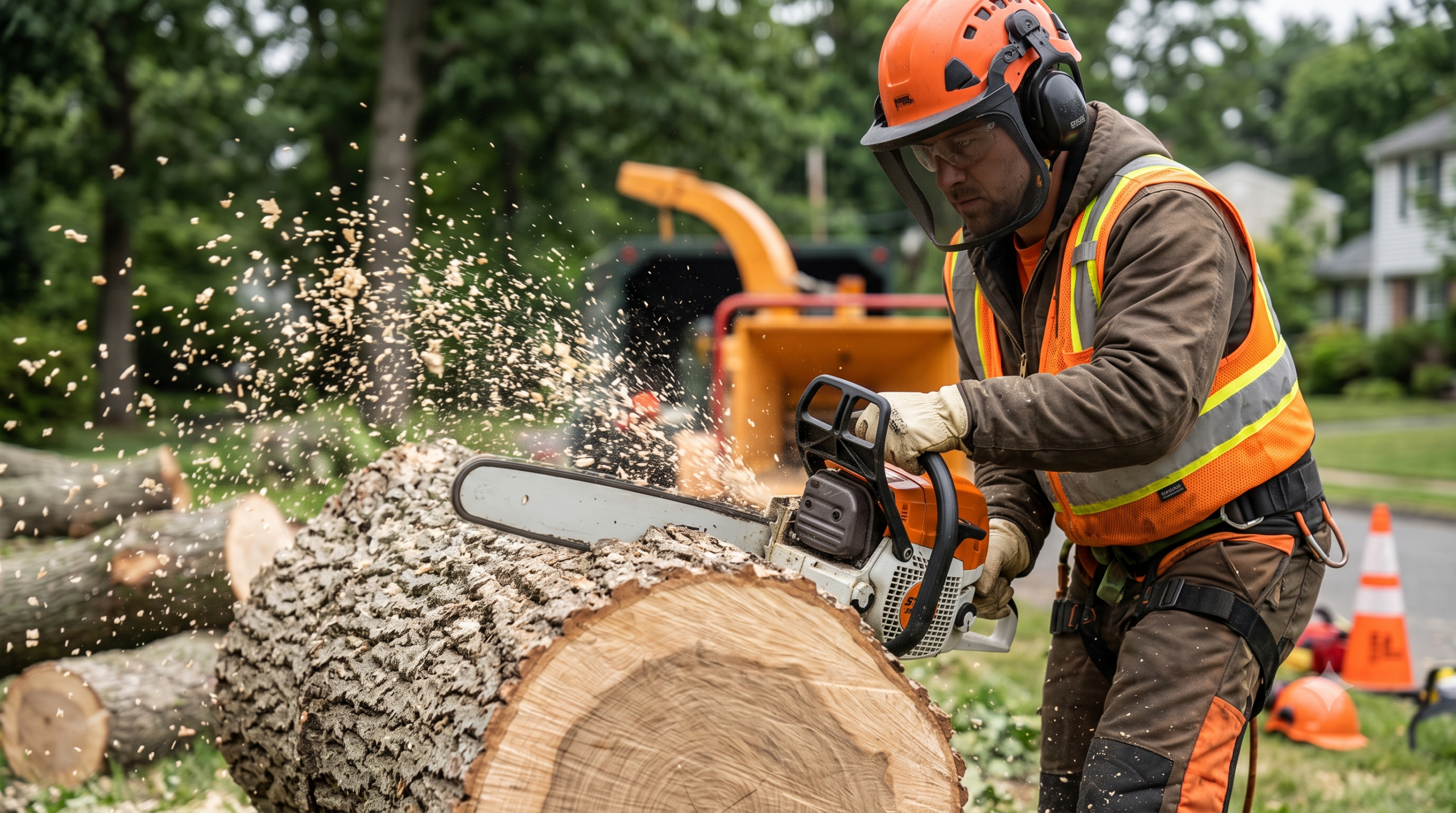 Tree worker using a chainsaw to cut a large fallen trunk into sections during residential tree trimming and cleanup work