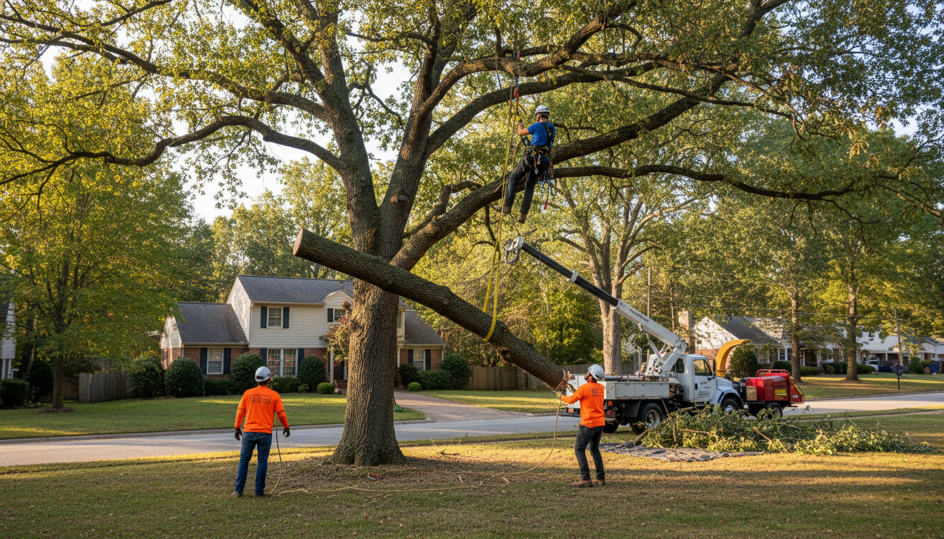 Professional arborist crew performing tree removal close to me on a residential property