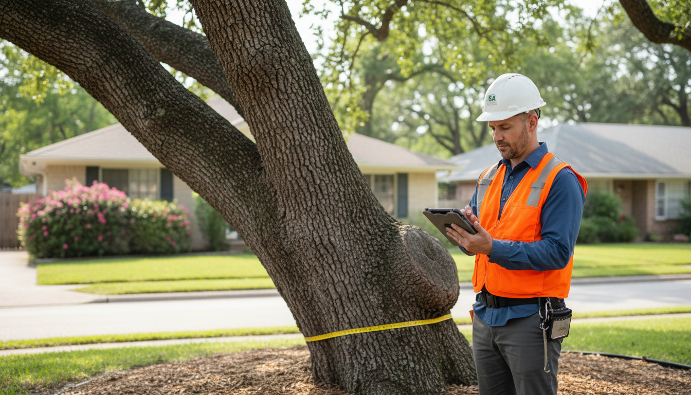 Certified arborist inspecting a leaning hardwood tree before quoting a removal