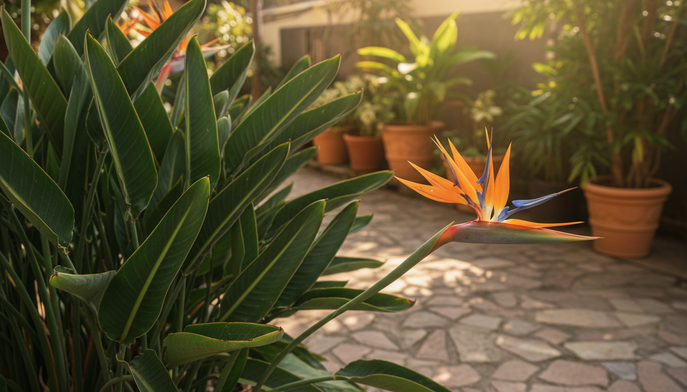 Birds of paradise tree care in a sunny courtyard with mature Strelitzia plants in bloom