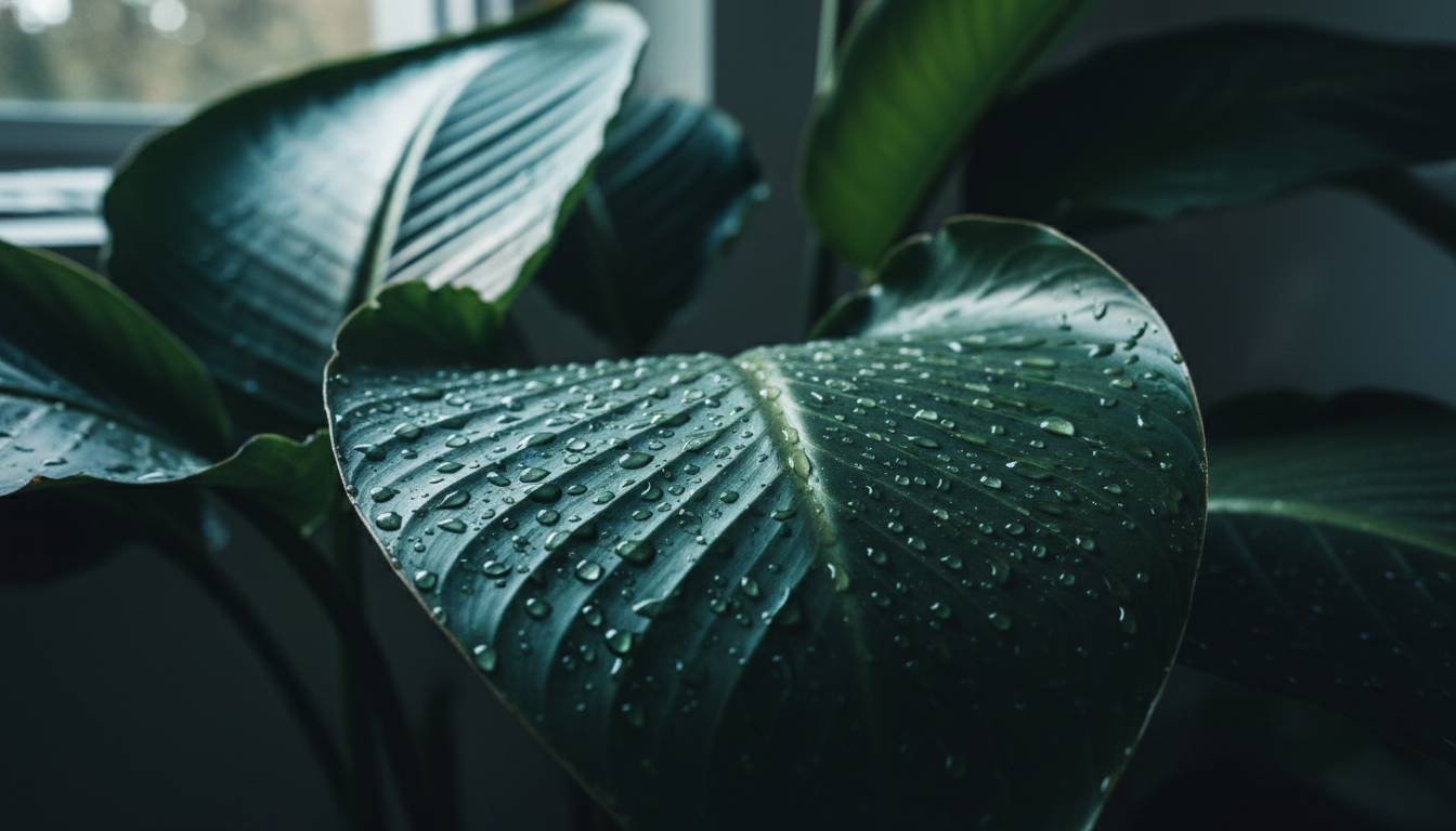Closeup of healthy bird of paradise leaves with morning dew showing waxy texture