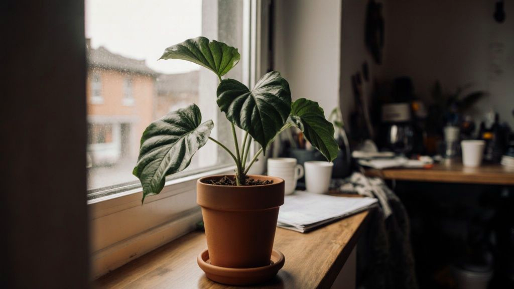 Healthy potted Coffea arabica coffee tree care plant by a bright window