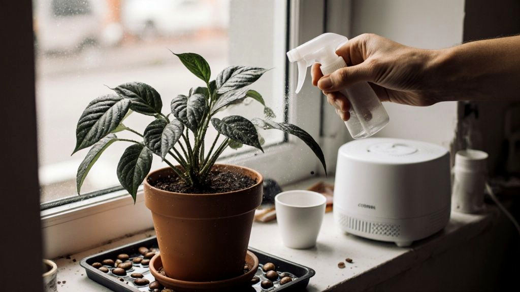 Misting a coffee tree care Arabica plant to raise humidity indoors