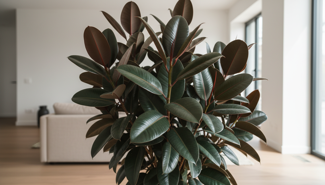 Healthy ficus rubber tree (Ficus elastica) with glossy burgundy-green leaves in a sunlit living room