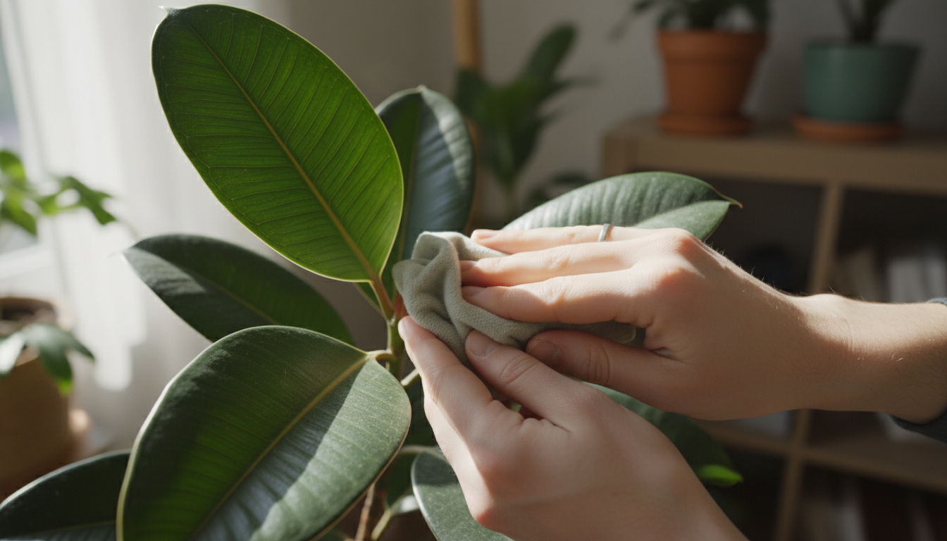 Closeup of a rubber tree leaf being wiped clean to support healthy ficus rubber tree care