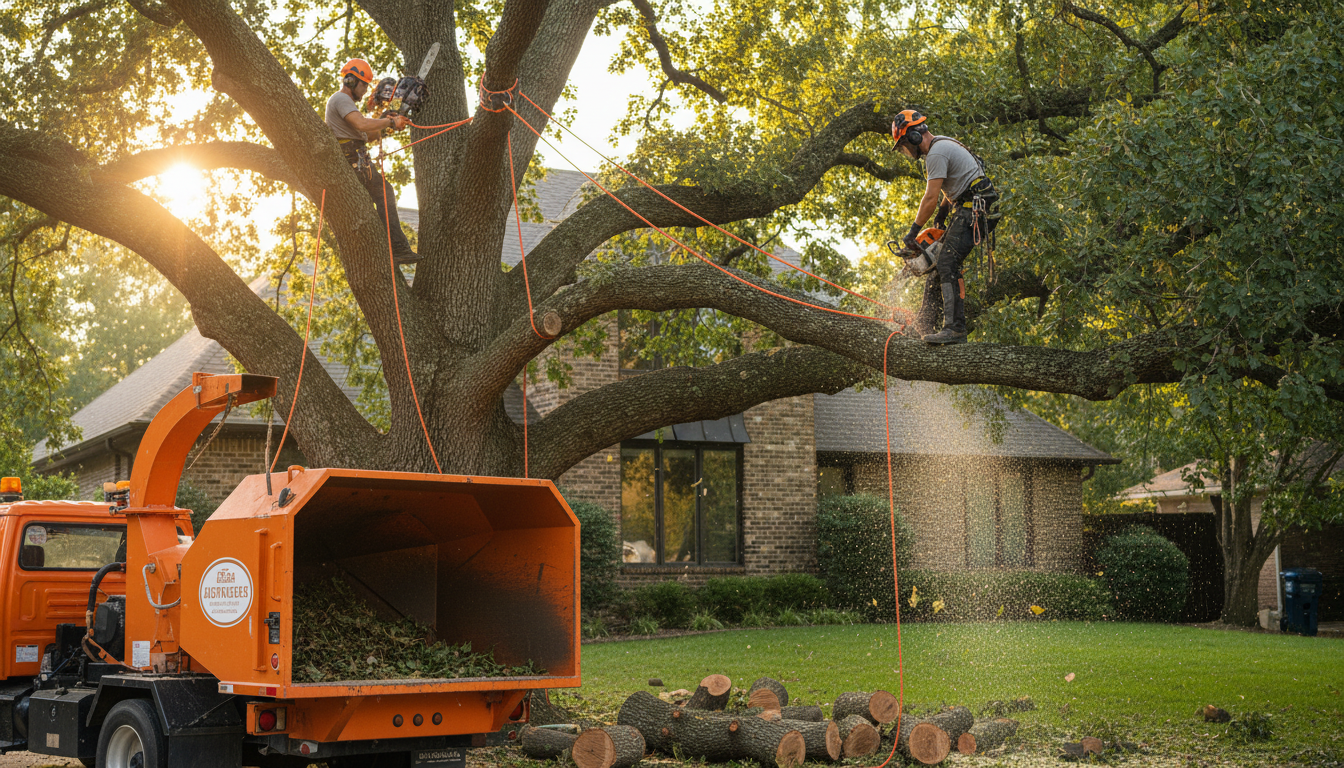 Professional arborist crew preparing to remove a large oak tree from a residential yard with rigging gear and a chipper truck