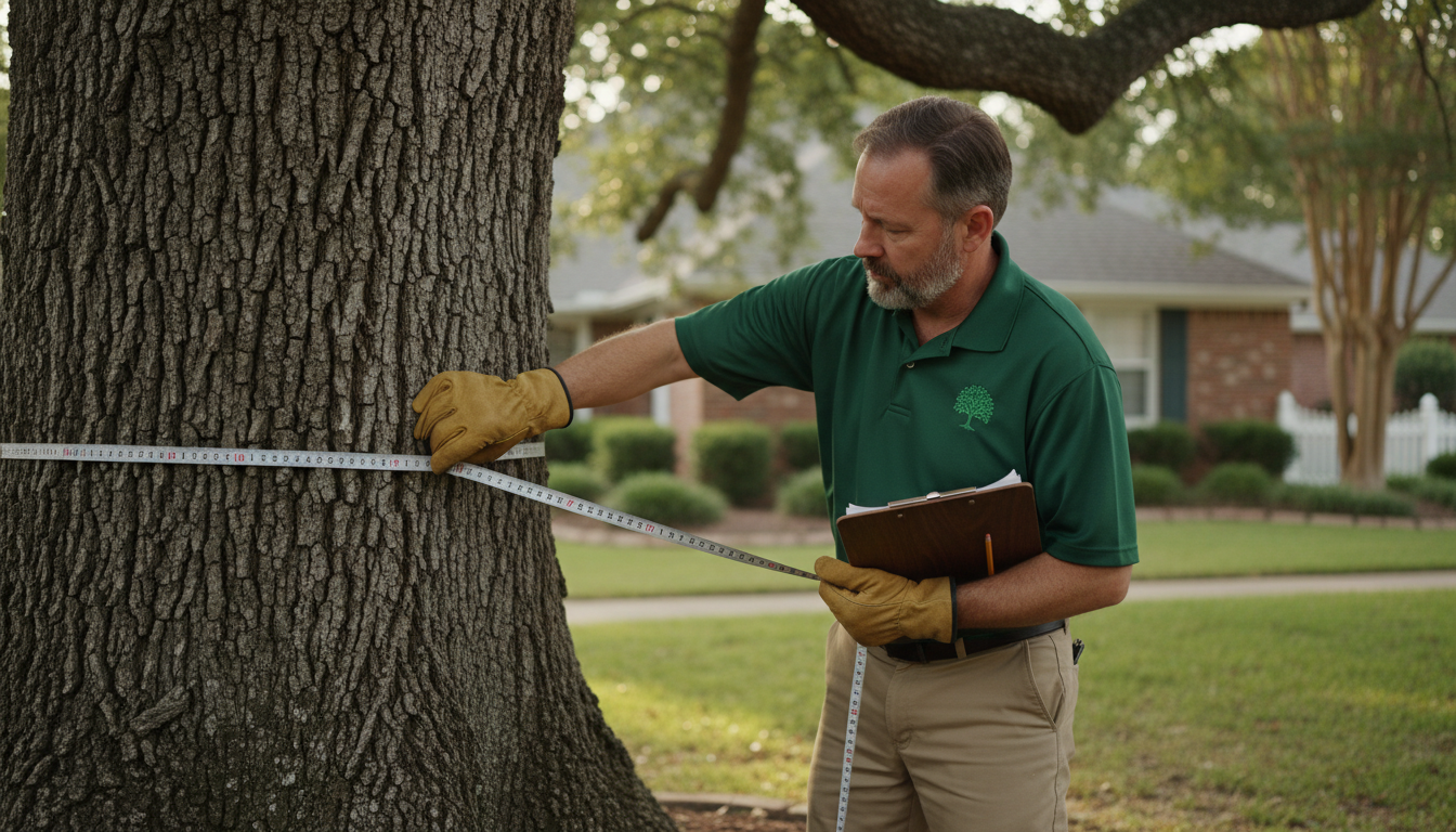 Arborist measuring trunk diameter on a mature tree during a free in-person estimate visit