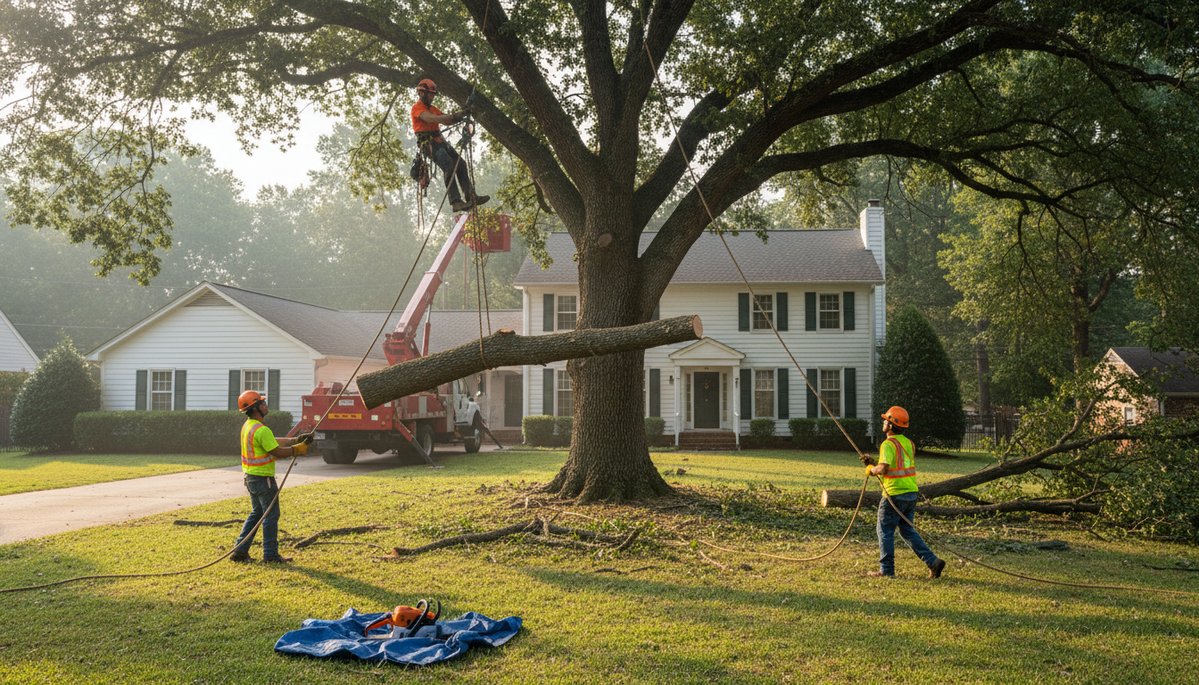 Professional tree removal crew lowering a large oak limb with rigging ropes in a Memphis residential yard