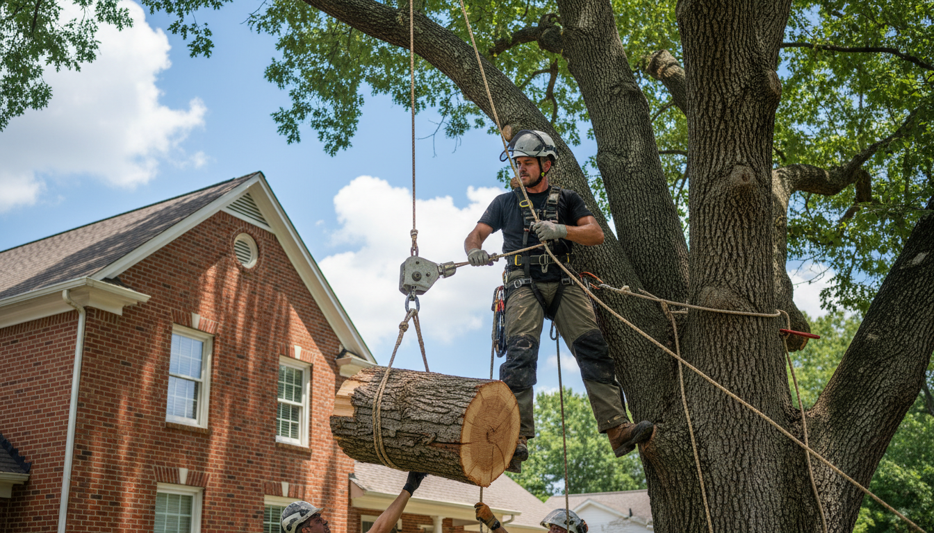 Climbing arborist using rope rigging to lower a heavy section of trunk during a residential tree removal