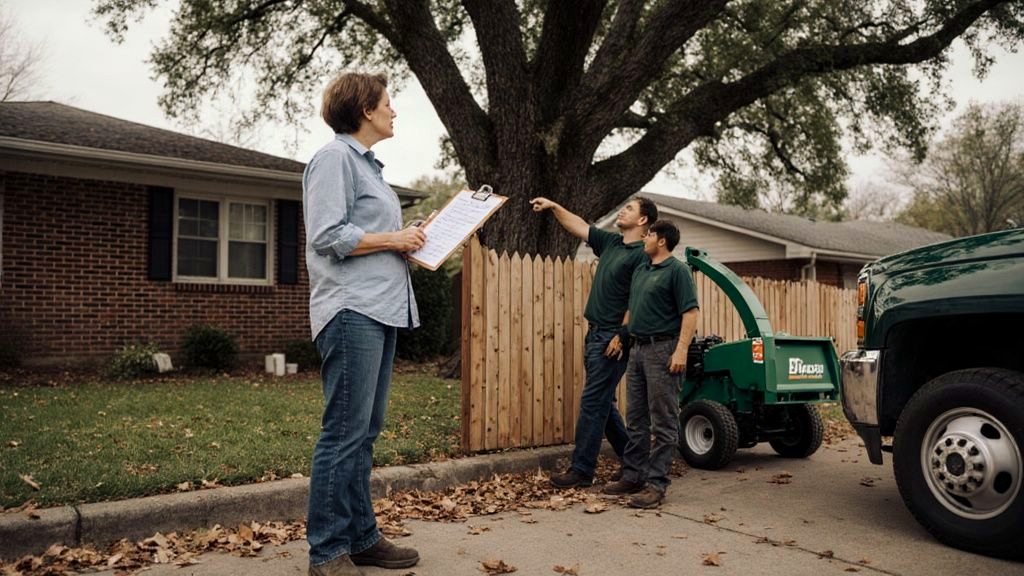 Homeowner reviewing a written tree removal fee estimate at the curb while a crew assesses a large oak behind a narrow wooden gate