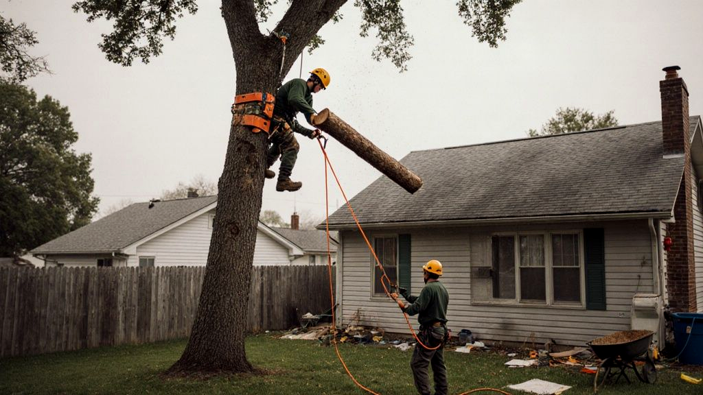 Climber rigging a hardwood section over a residential roofline, the rigging-and-proximity work that drives a higher tree removal fee