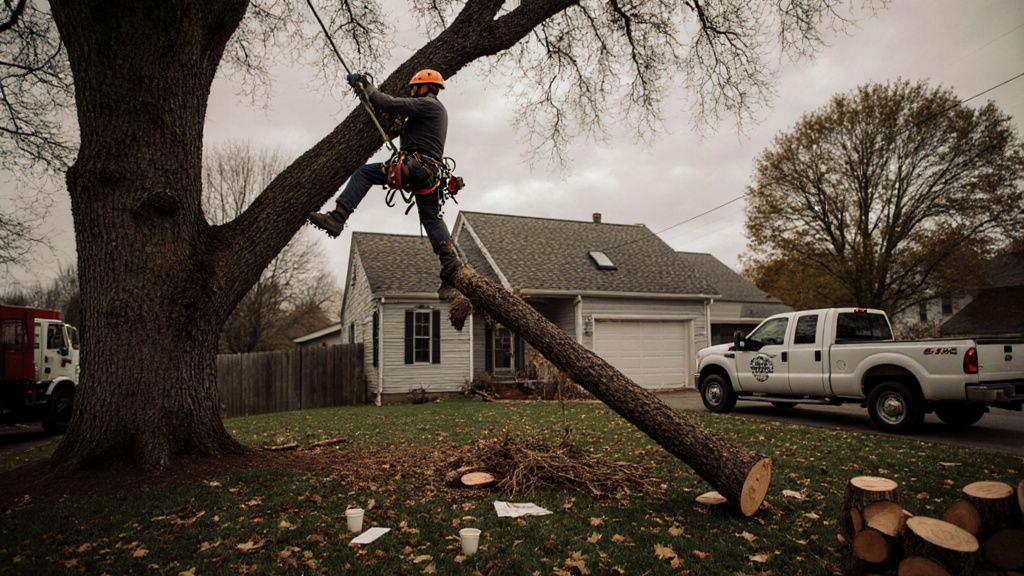 Climber sectioning a large leaning oak over a Memphis backyard during a tree and stump removal job