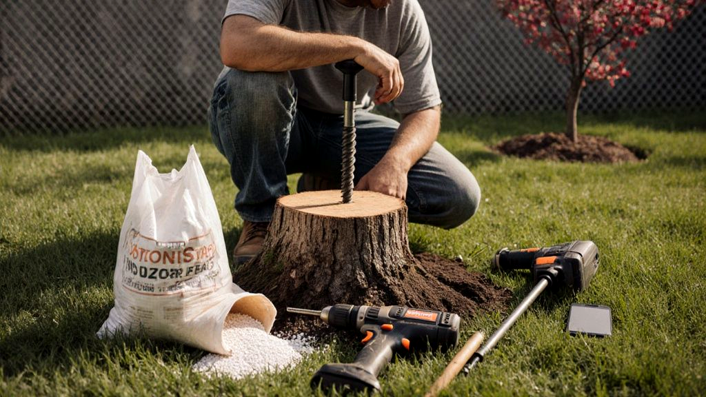 Homeowner standing next to a freshly cut oak stump in a backyard with a shovel, drill, and bag of potassium nitrate weighing the DIY versus professional removal options