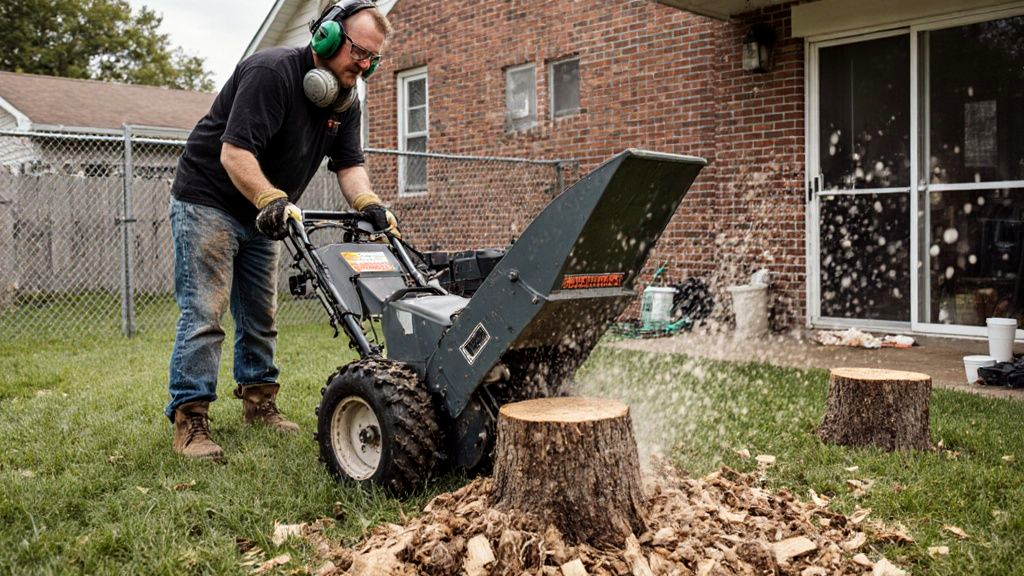 Walk-behind stump grinder cutting into an oak stump in a fenced backyard, showing tree stump removal how to with wood chips piling beside the machine
