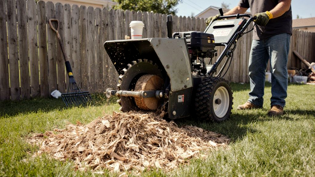 Stump grinder chewing a freshly cut oak stump down below grade with a pile of fresh mulch