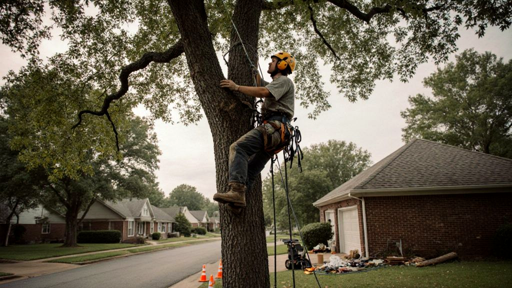 Certified arborist sixty feet up in a mature water oak, harnessed in with a climbing saddle and throwline, inspecting a co-dominant leader before a structural prune