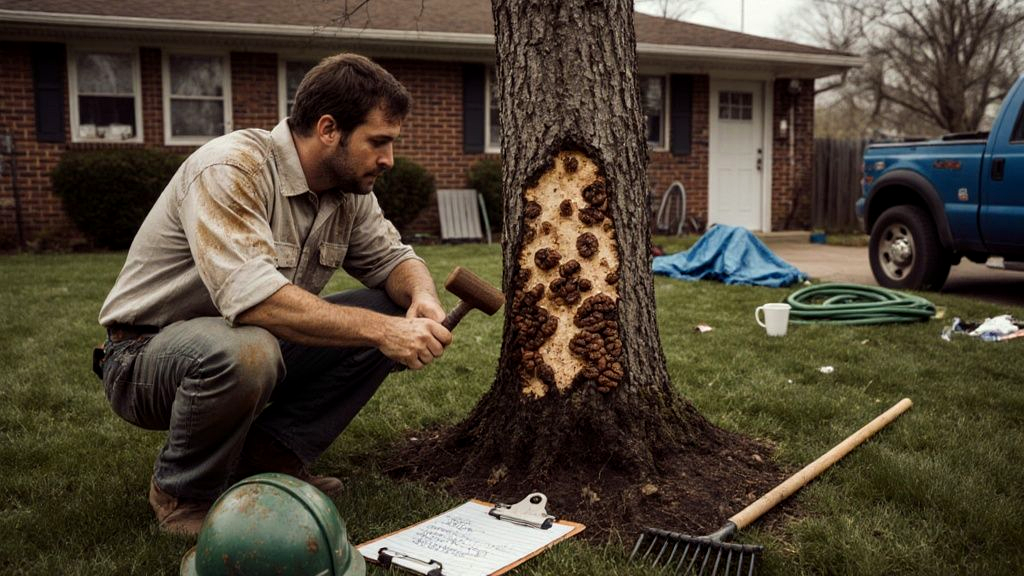Arborist at the base of a mature pecan running a visual assessment with a mallet and increment borer, brown shelf fungus visible at the root flare, clipboard with site notes on the lawn beside him