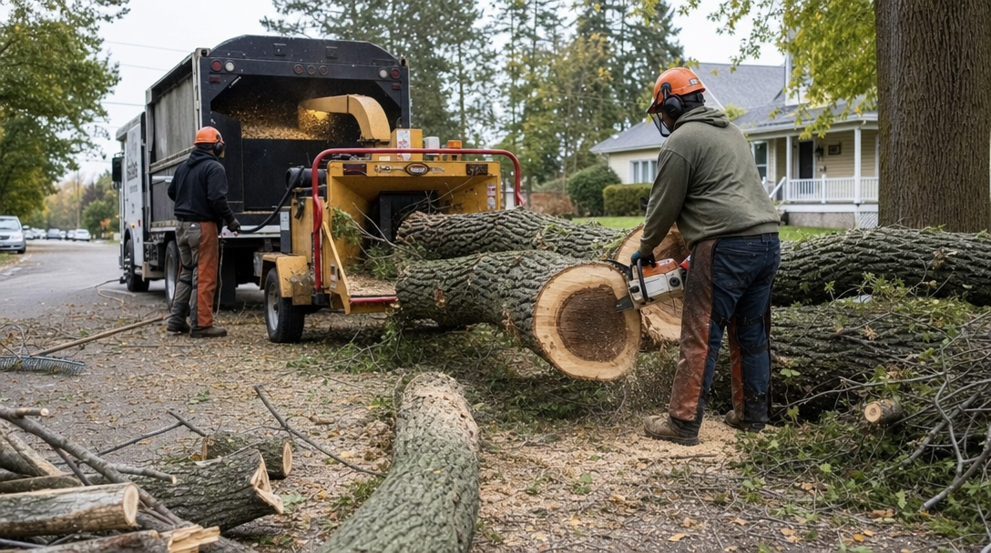 Professional tree removal crew cutting and chipping a large tree along a residential street.
