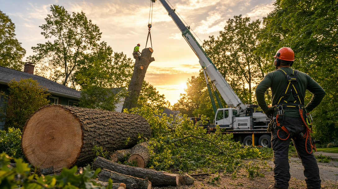 Tree removal crew using a crane to lift a large tree trunk while an arborist supervises the job in a residential yard at sunset.