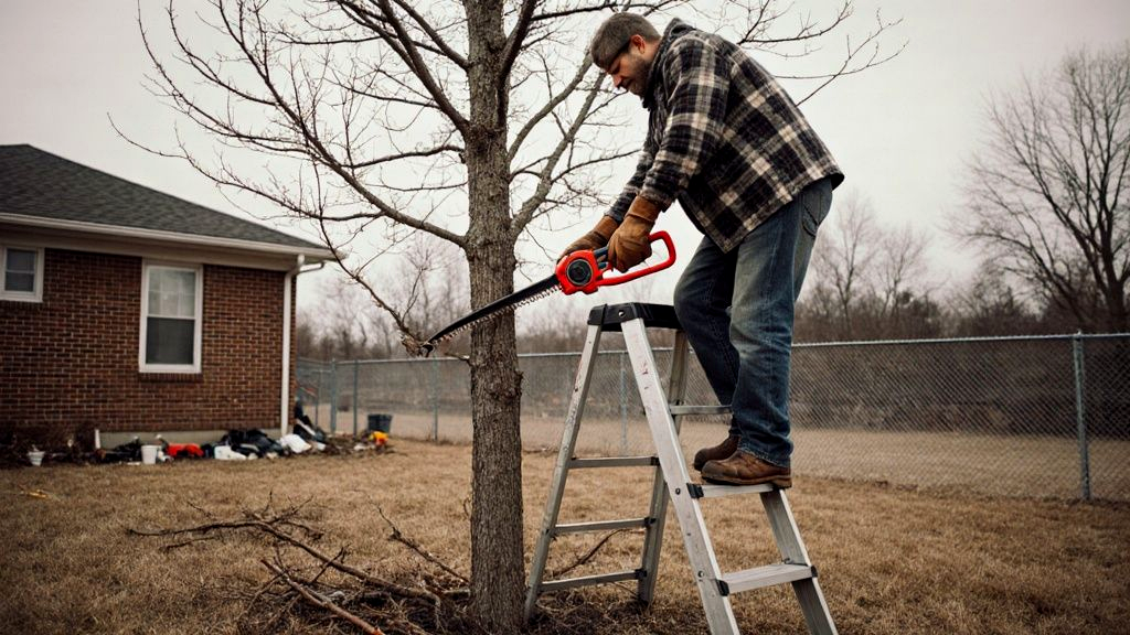 Homeowner pruning a bare apple tree on a small ladder in a Memphis backyard in late winter