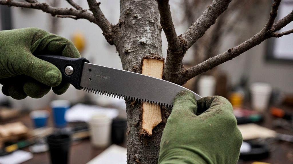 Close-up of a pruning saw cutting a dead apple branch just outside the branch collar