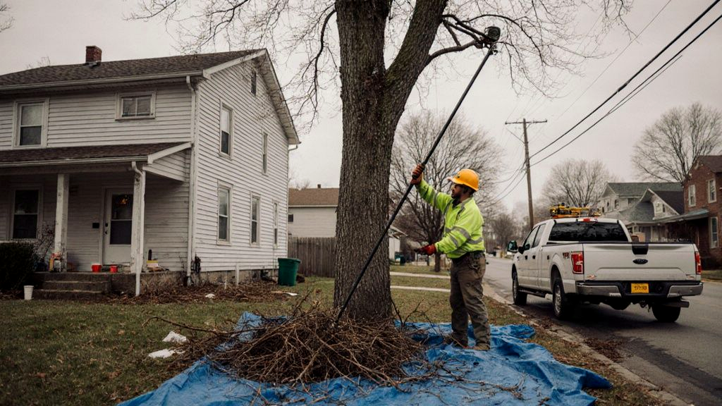 Tree service worker using a pole pruner on the high limbs of a tall apple tree beside a house