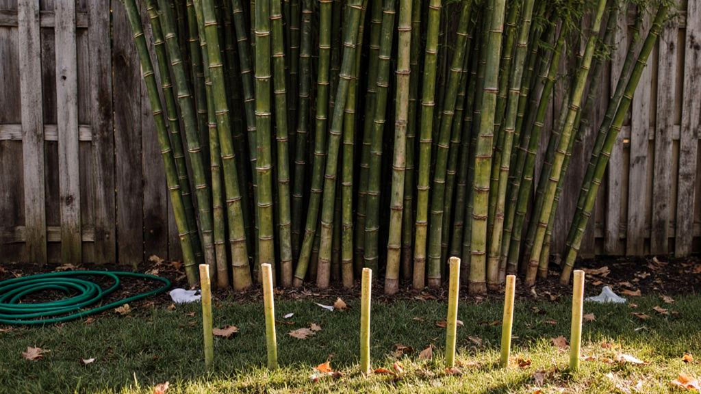 Dense stand of green bamboo against a backyard fence with new bamboo tree care shoots emerging in the grass