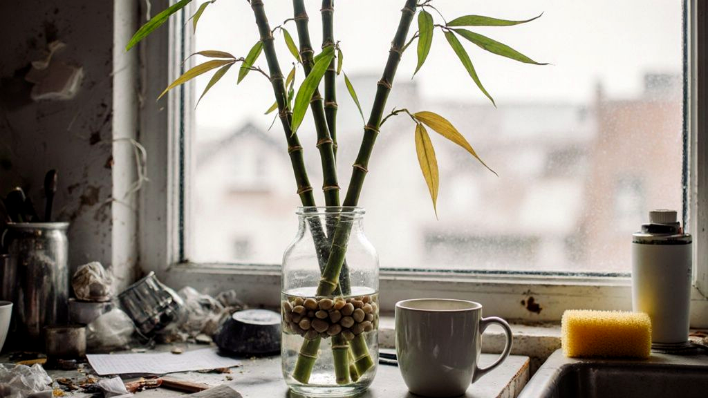 Lucky bamboo stalks in a clear glass vase with pebbles and water on a kitchen windowsill
