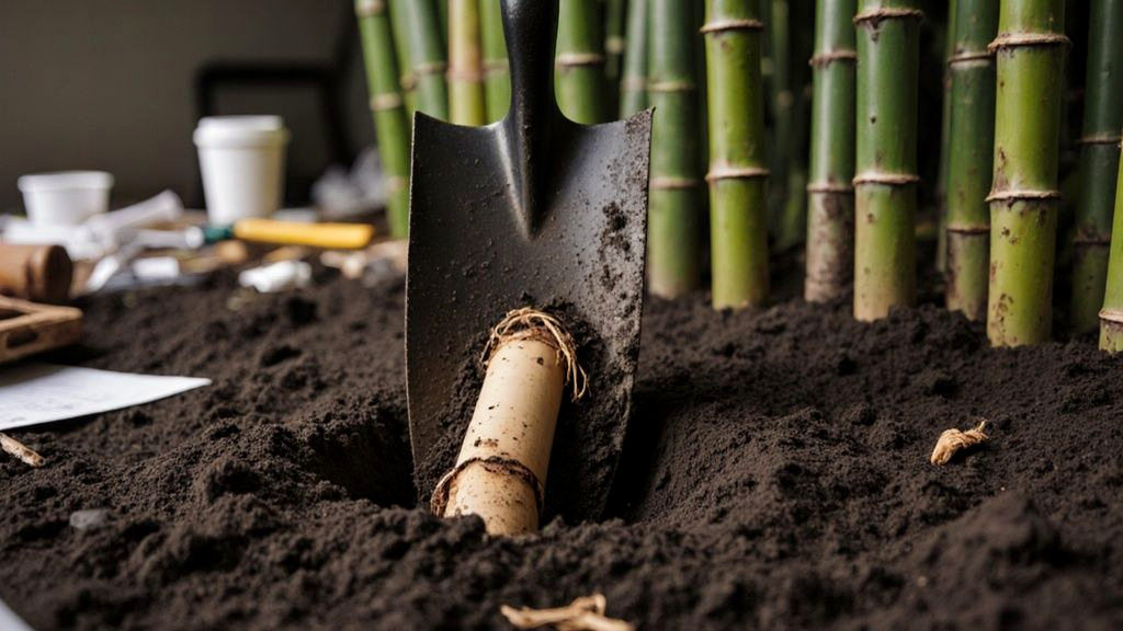 Spade slicing through soil to expose and cut a bamboo rhizome along the edge of a backyard bamboo grove
