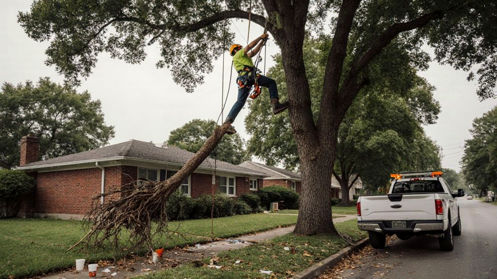 Climbing arborist on rope high in a mature oak removing a deadwood limb above a Memphis brick home during a full-care tree service visit