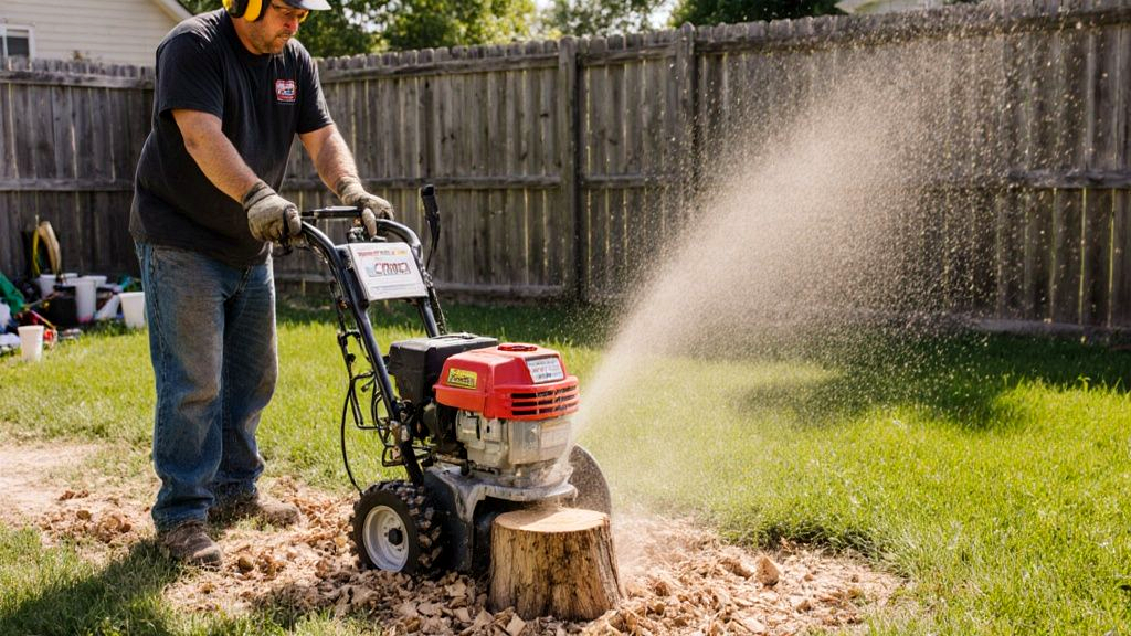 Stump grinder throwing wood chips as a crew member grinds down an oak stump in a Memphis backyard after a tree removal