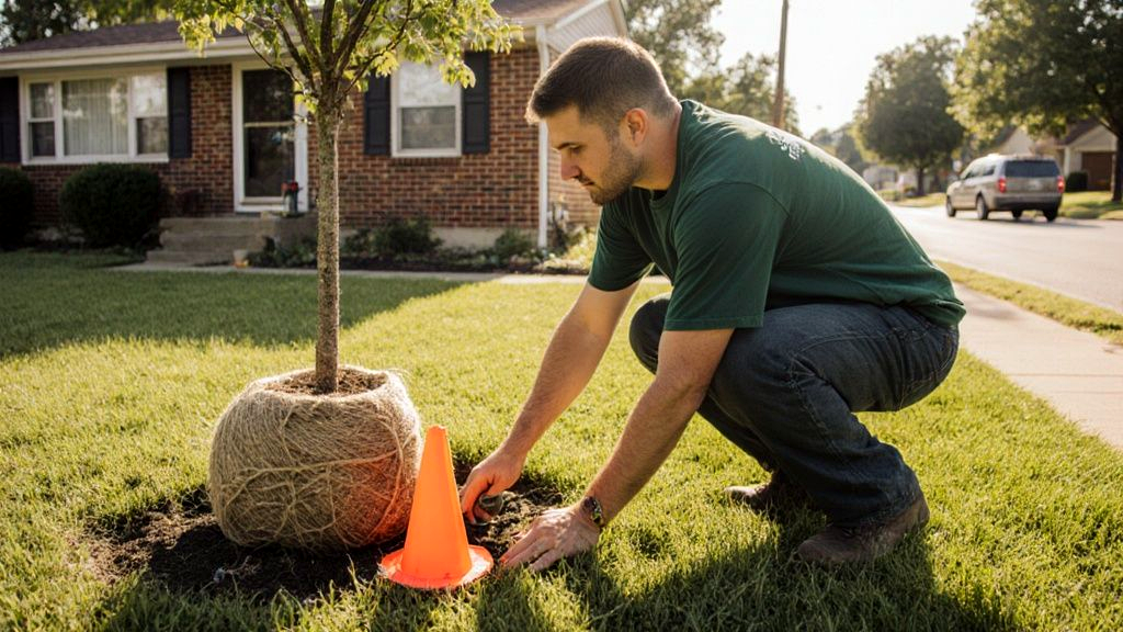 Tree crew member marking the planting spot for a young shade tree in a Memphis front yard as part of landscaping design services