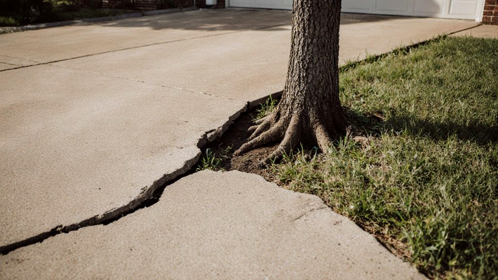 Driveway slab cracked and lifted by the roots of a tree planted too close, a common landscape design mistake