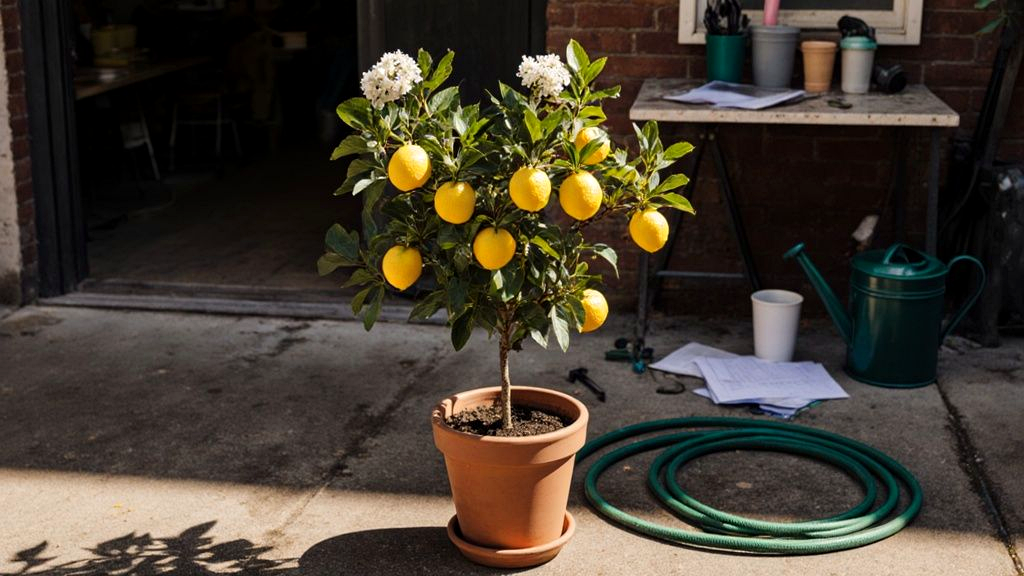 A potted Meyer lemon tree heavy with ripe yellow fruit on a sunny Memphis back patio, part of good lemon meyer tree care