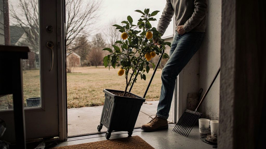 A homeowner rolling a potted Meyer lemon tree indoors on a plant caddy before the first Memphis frost