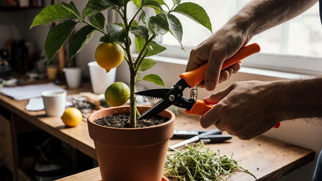 Close hands using bypass pruners to cut a rootstock sucker below the graft union on a potted Meyer lemon tree