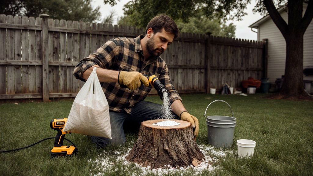 Homeowner pouring white potassium nitrate granules into freshly drilled holes on top of a cut oak stump in a backyard, using potassium nitrate for stump removal