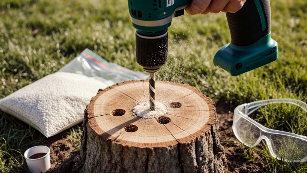 Close-up of a drill boring one-inch holes into the top of a weathered backyard stump with a bag of stump remover granules and goggles resting nearby