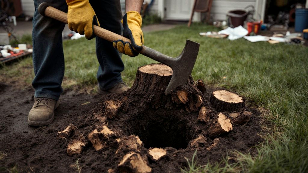 Gloved hands prying apart soft, dark, crumbling rotted stump wood with a mattock after months of decay, loosened chunks piled on the soil