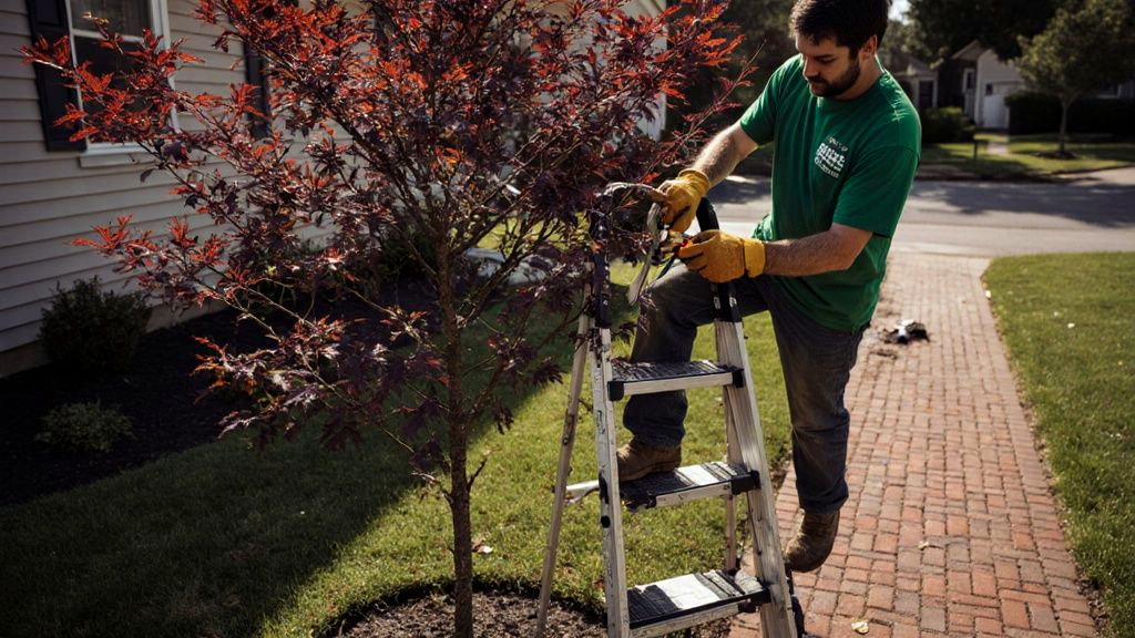 A Pyramid Tree Service arborist on a ladder crown-thinning a small Japanese maple used as a focal-point specimen beside a front walkway