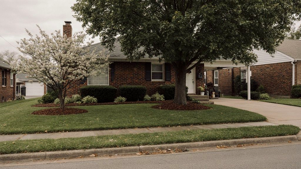 A layered Memphis front yard with a tall shade tree at the corner, an ornamental tree mid-yard, and planting beds in front, showing depth from professional landscaping