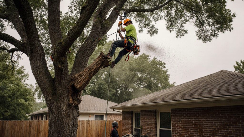 Climber roped into a large oak lowering a heavy limb over a Memphis house, showing why tree removal pricing rises near structures
