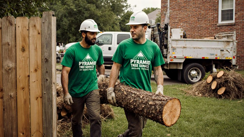 Tree crew hand-carrying heavy oak logs through a narrow side gate because the bucket truck could not reach the backyard, a key tree removal pricing factor