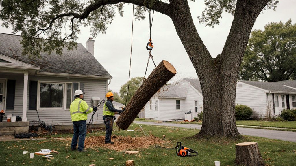 Tree removal crew lowering a heavy cut section of oak trunk on a rigging rope beside a Memphis house