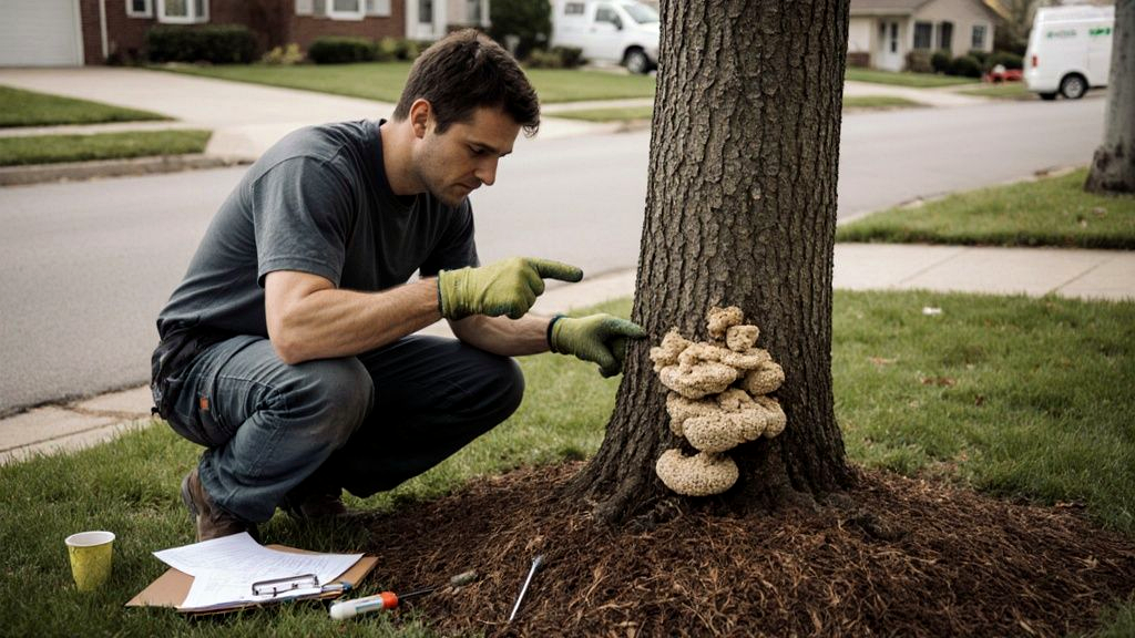 Arborist crouched at the base of a leaning maple examining shelf fungus at the root flare during a health assessment