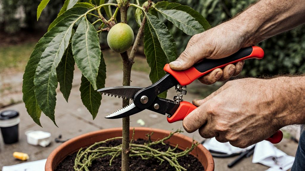 Pruning a young mango tree with bypass pruners using proper technique to open the canopy