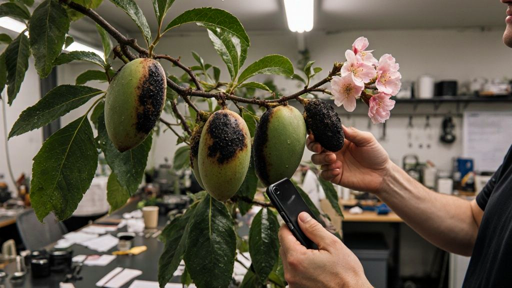 Mango tree flower panicle and leaves showing black anthracnose disease spots during inspection