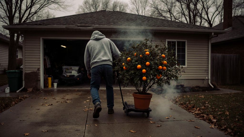 A homeowner wheeling a large potted orange tree into a bright garage on a plant caddy before a Memphis freeze